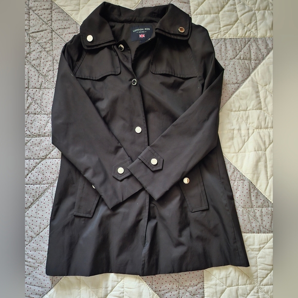 London Fog Jackets & Blazers - London Fog Black Hooded Raincoat -Snap Front- Mid Length